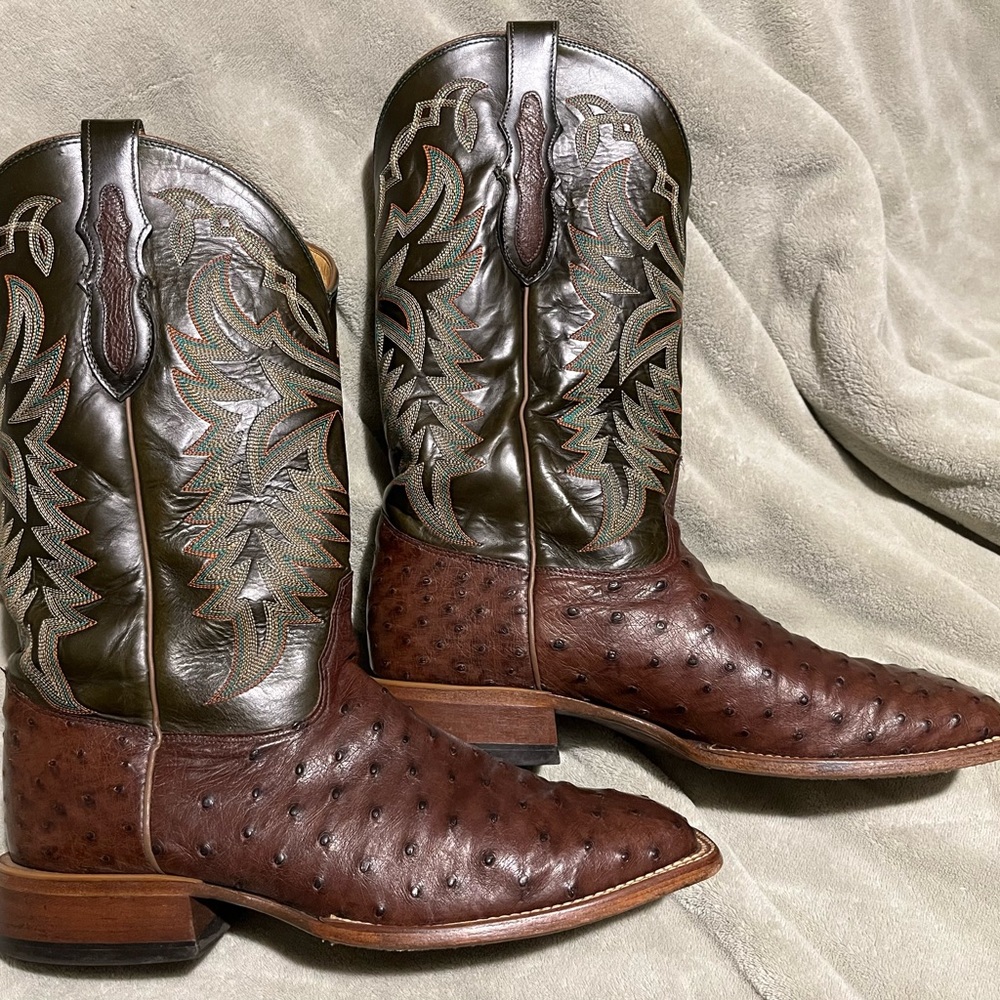 Justin Boots Brown Ostrich Leather Western Boots with Olive Stitching